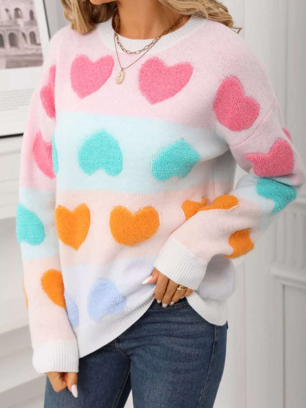 Valentine's Day Heart Pattern Fuzzy Knit Sweater, image 3