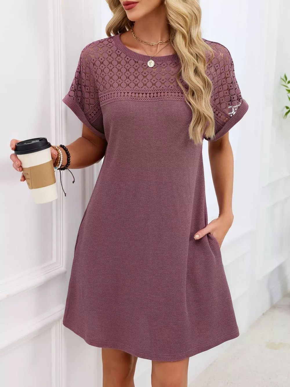 Lace Round Neck Short Sleeve T-Shirt Dress, image 13
