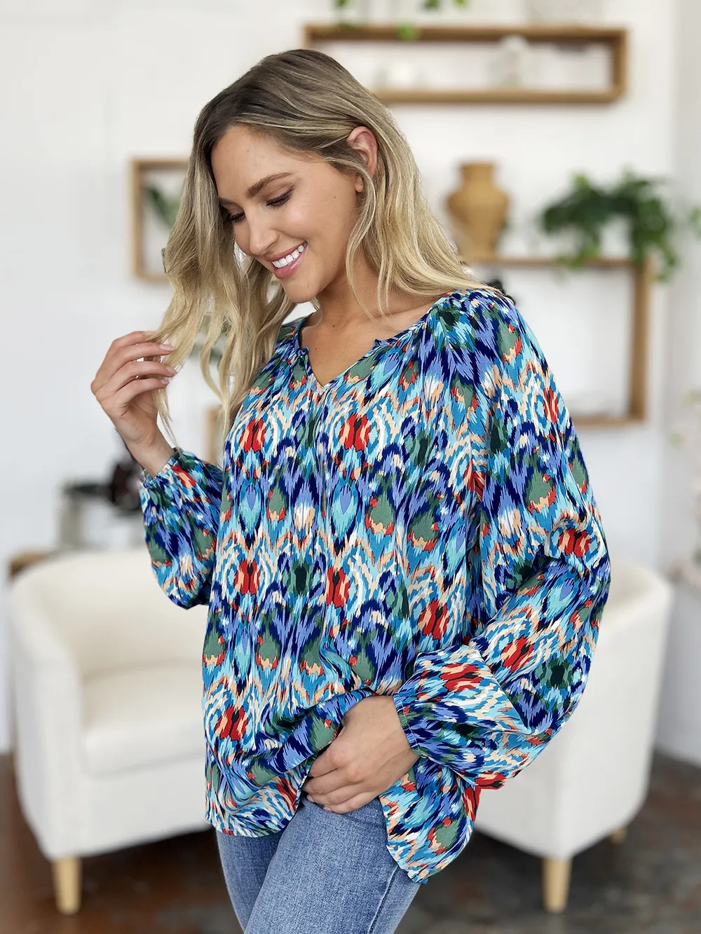 Full Size Printed Balloon Sleeve Blouse, image 15