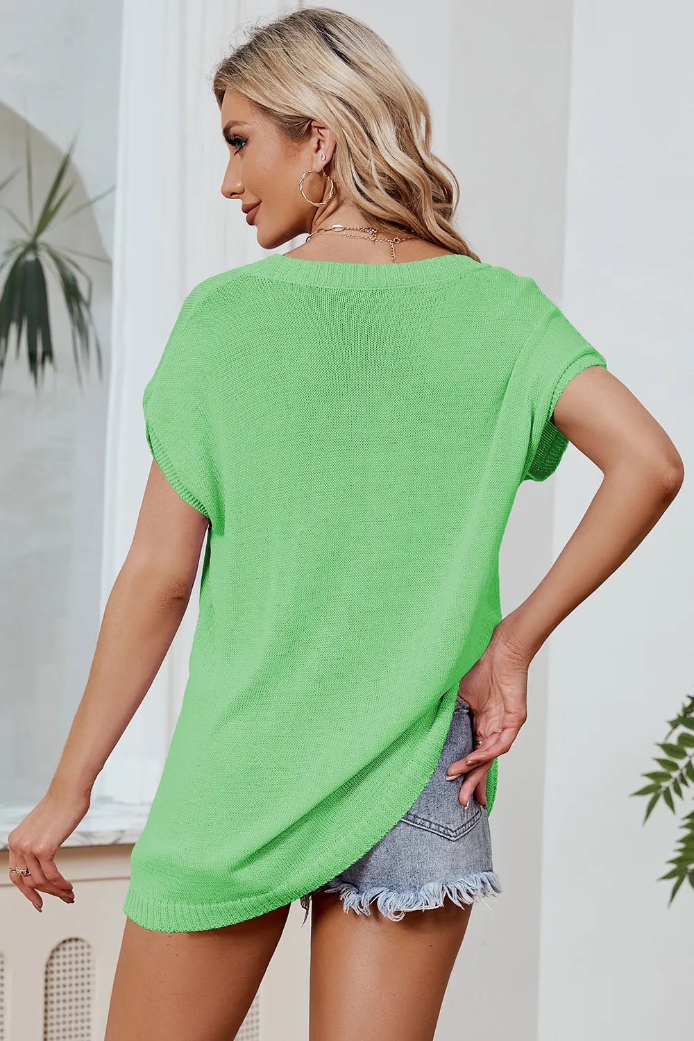 Color Block V-Neck Short Sleeve Knit Top, image 9