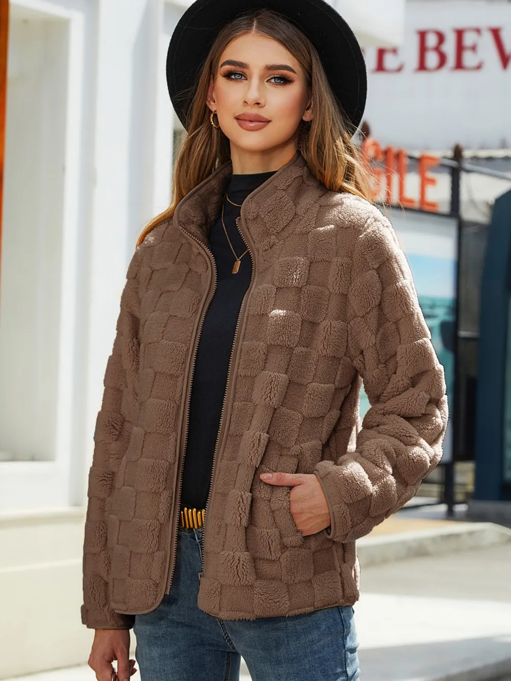 Fuzzy Checkered Zip Up Jacket, image 9