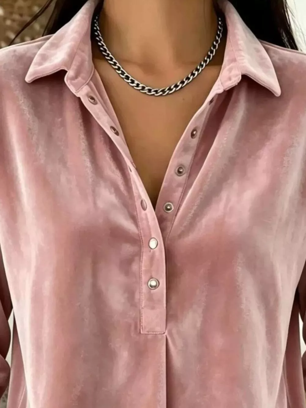 Velvet Snap Down Long Sleeve Blouse, image 2