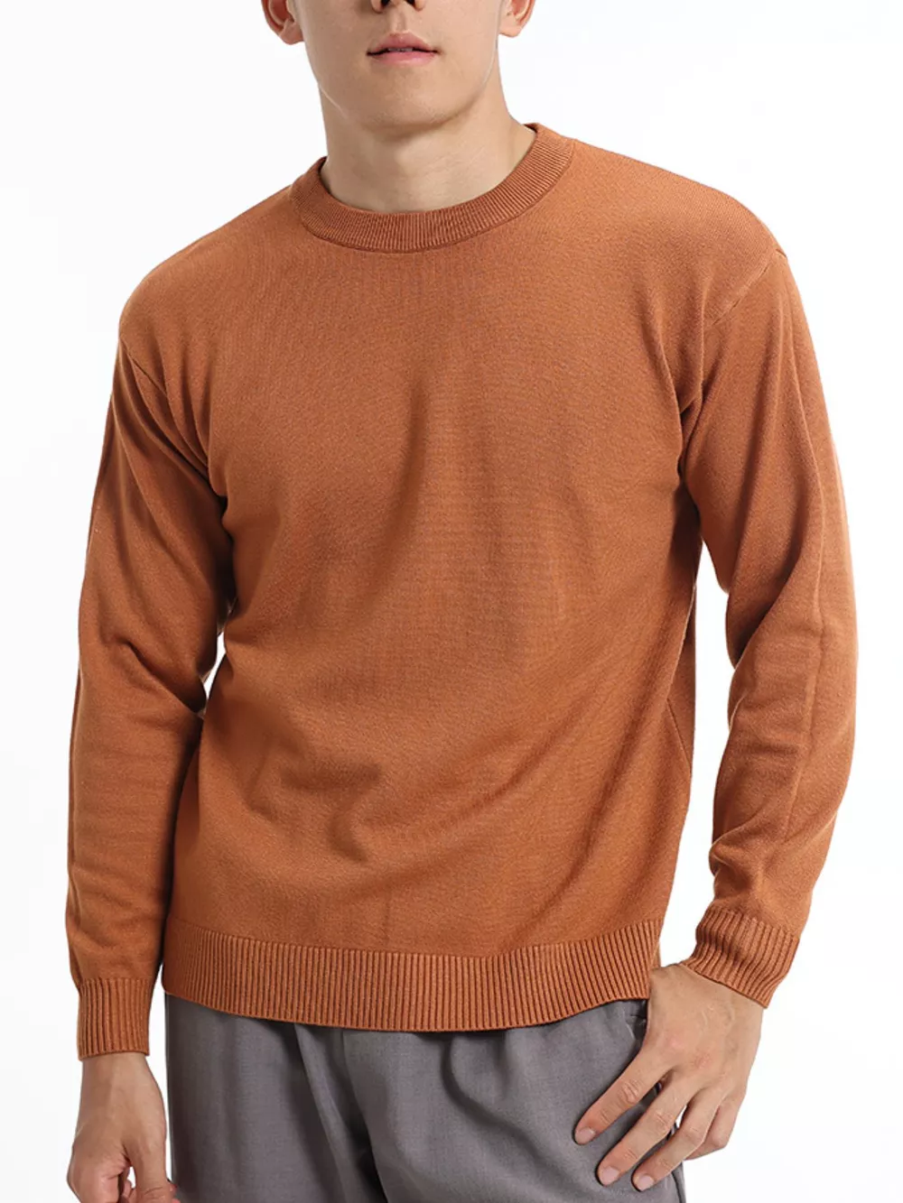 Men's Minimalist Crew Neck Sweater with Ribbed Cuffs, image 14