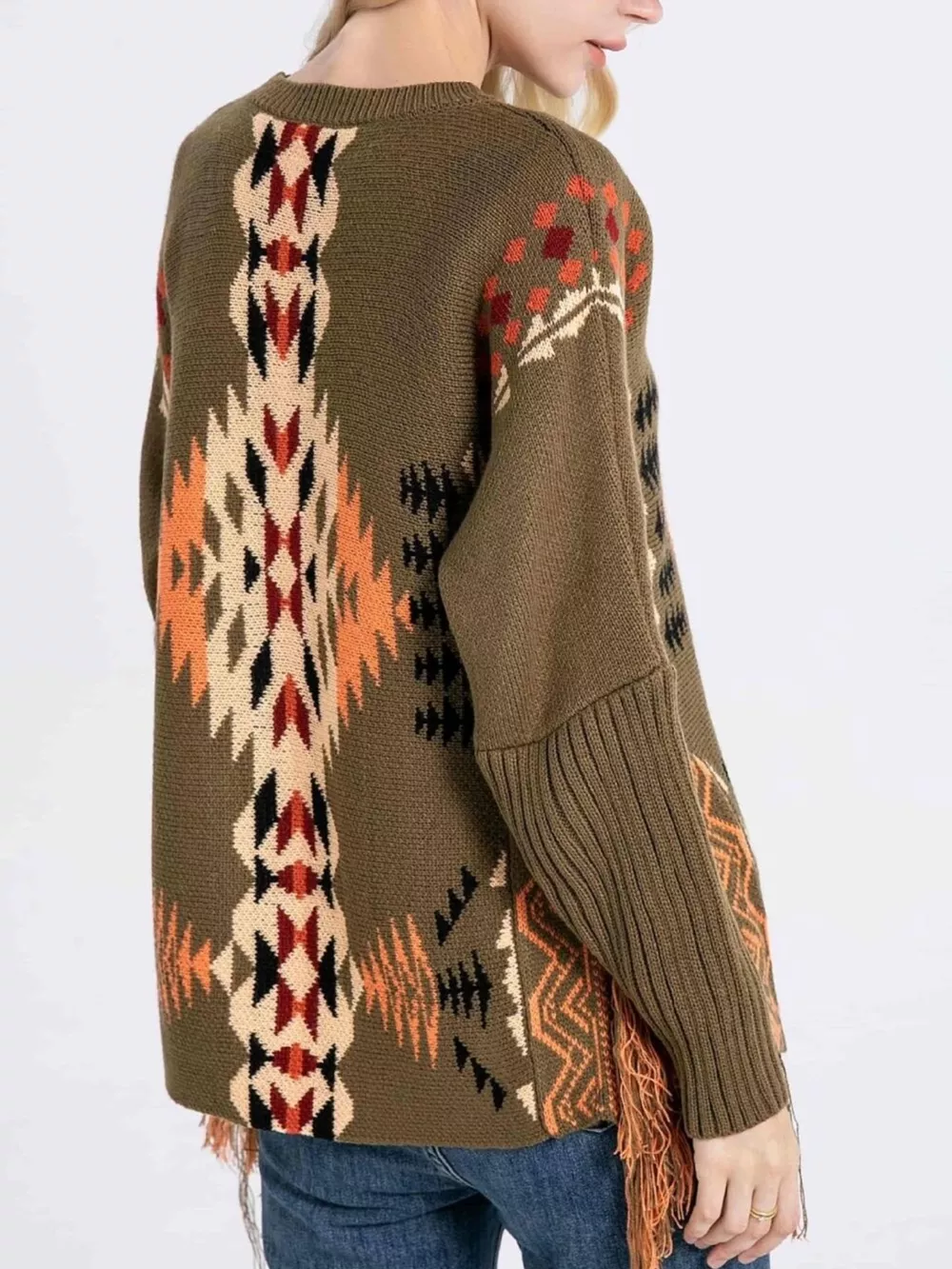Geometric Pattern Fringe Sweater, image 2