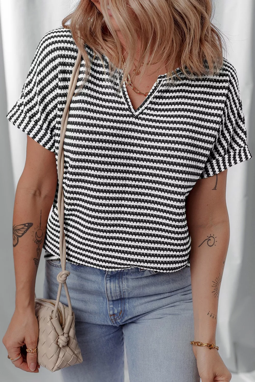 Stripe Textured Knit Notched Neck Cuffed Short Sleeve Top, image 3