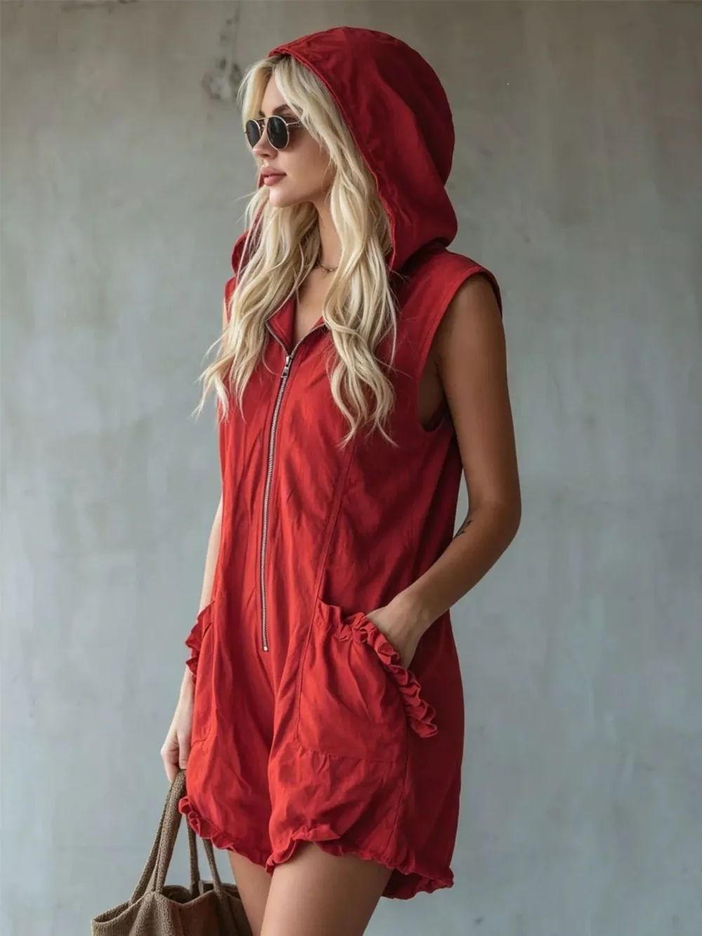 Full Size Hooded Sleeveless Zipper Romper with Ruffled Pockets Plus Size, image 6