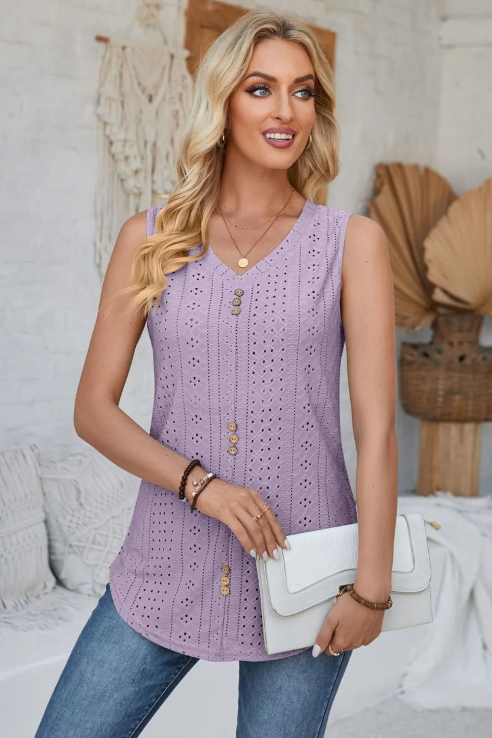 Eyelet Decorative Button V-Neck Tank, image 28