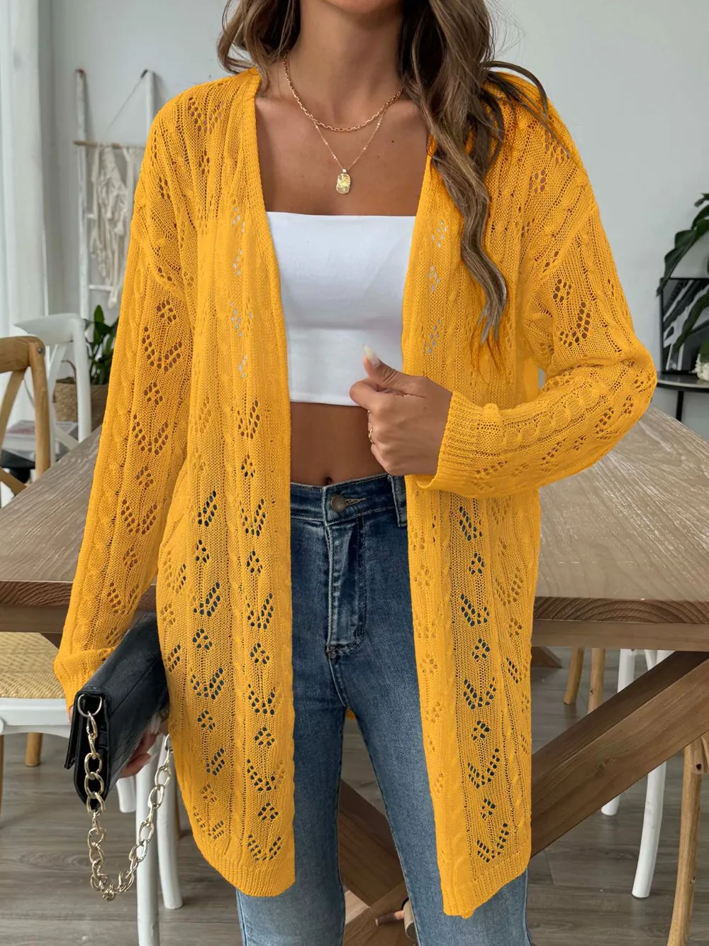 Openwork Open Front Long Sleeve Cardigan, image 17