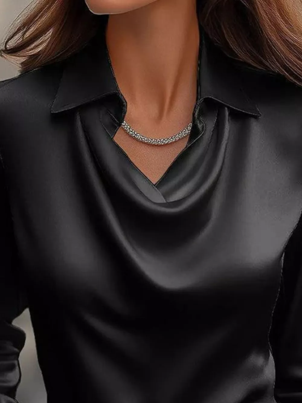 Full Size Satin Cowl Neck Long Sleeve Blouse Plus Size, image 17