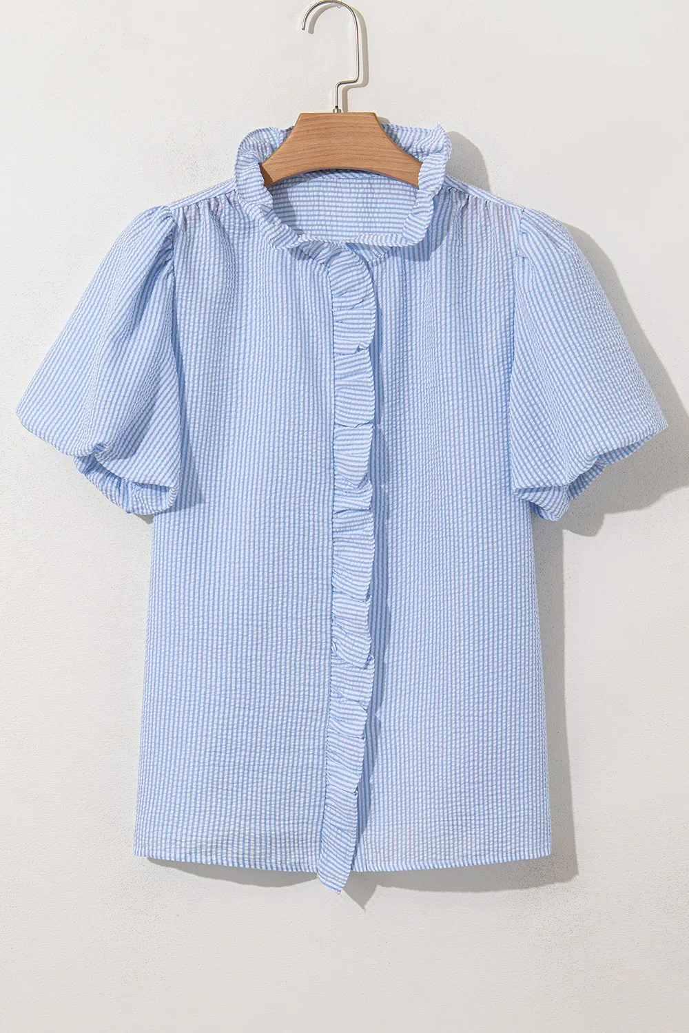 Striped Ruffle Short Bubble Sleeve Shirt, image 9