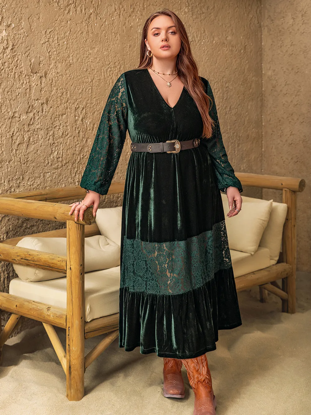 Plus Size Lace Patchwork V-Neck Balloon Sleeve Midi Dress, image 5