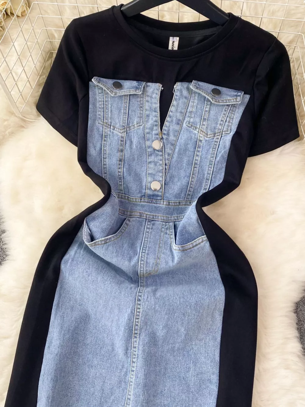 Full Size Denim Patchwork Short Sleeve Slit Back Dress Plus Size, image 6