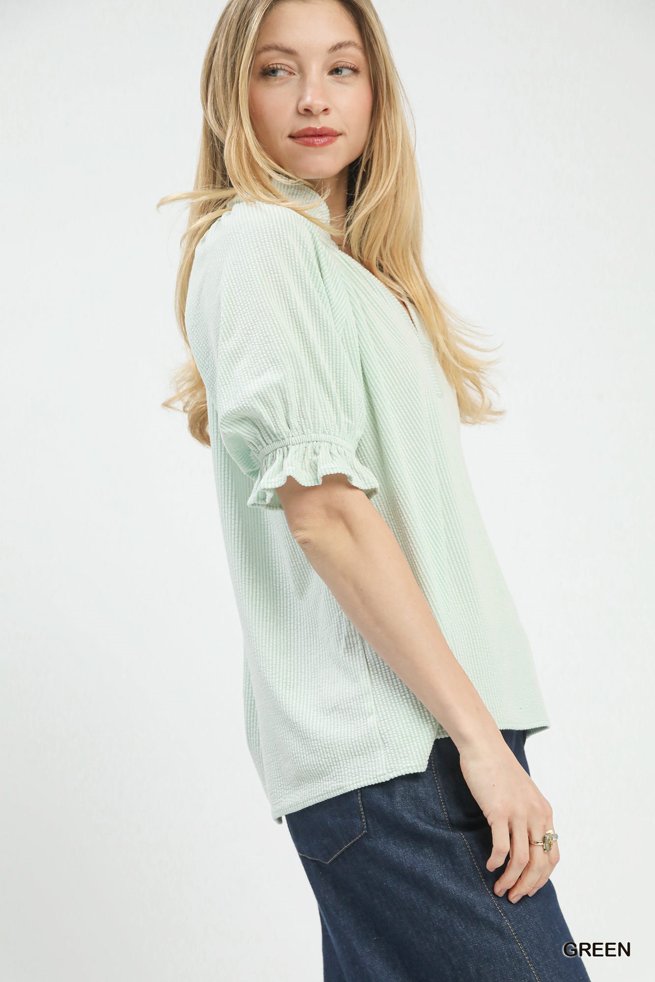 Textured Ruffle Sleeve V-Neck Top, image 4
