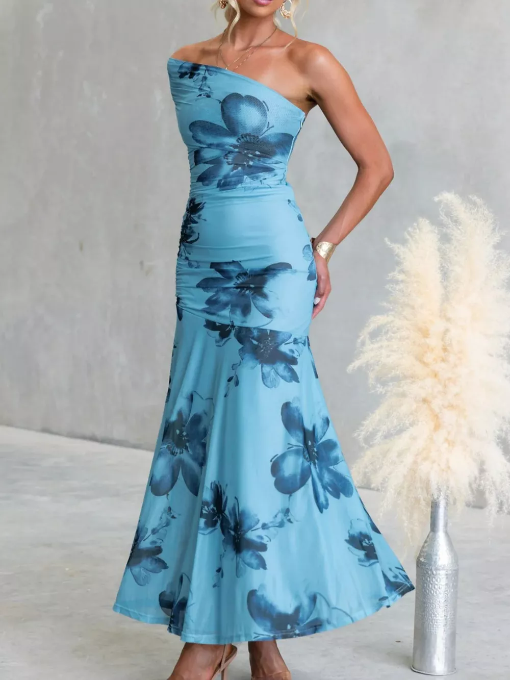 Floral Print One-Shoulder Ruched Maxi Dress, image 4