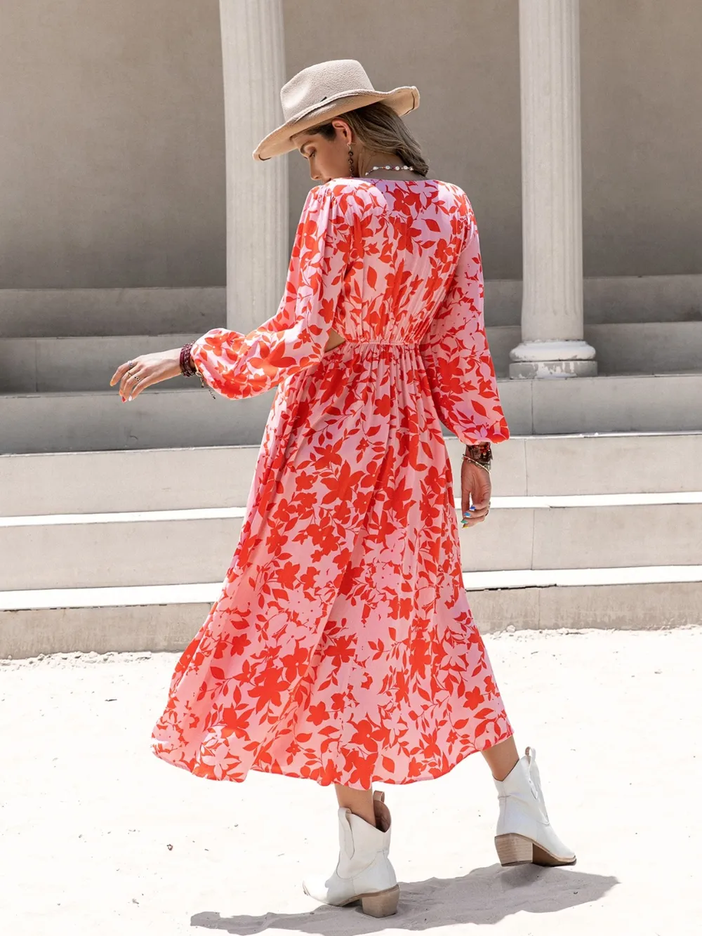 Tied Cutout Printed Long Sleeve Midi Dress, image 3