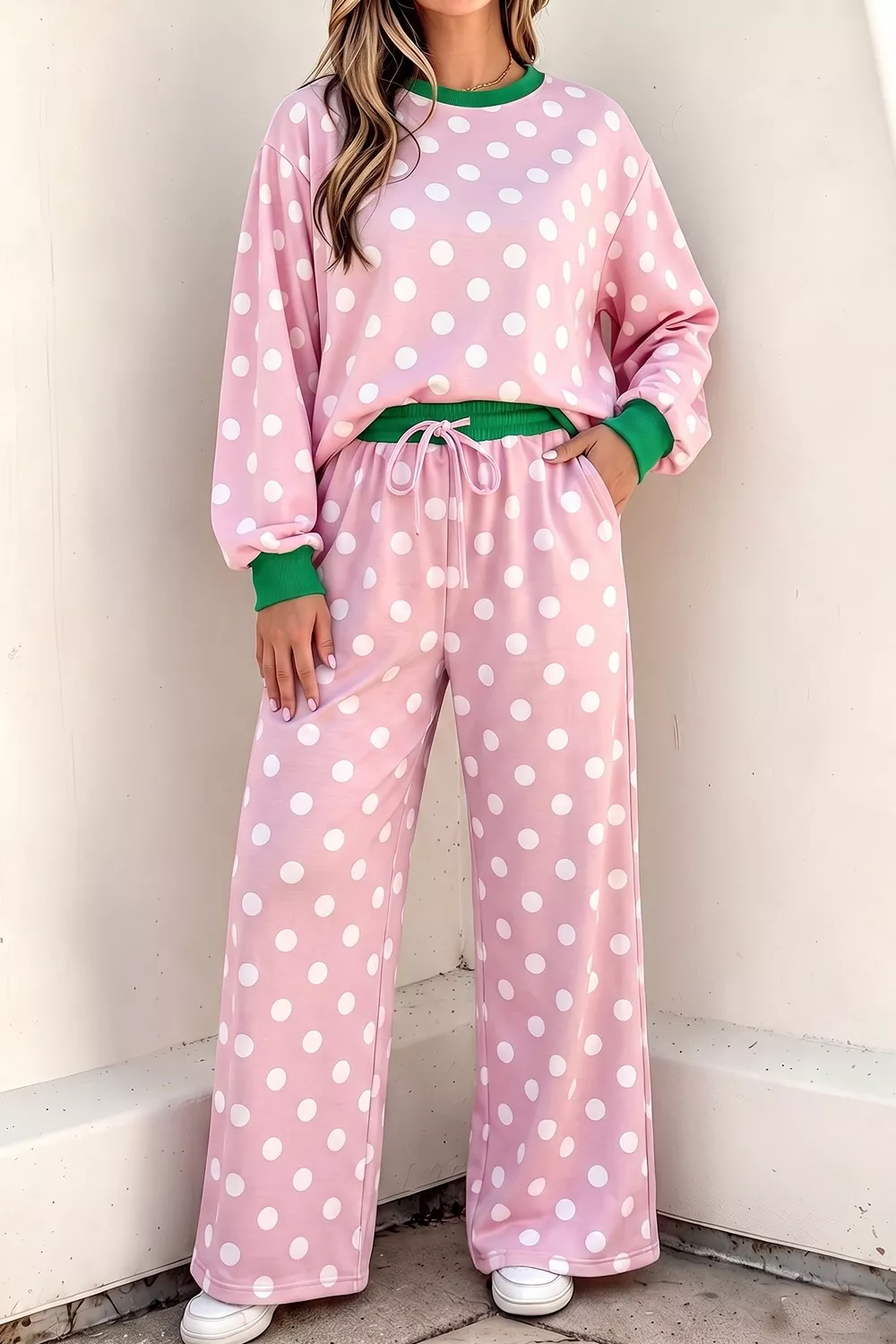 Polka Dot Long Sleeve Top and Wide Leg Pants Set