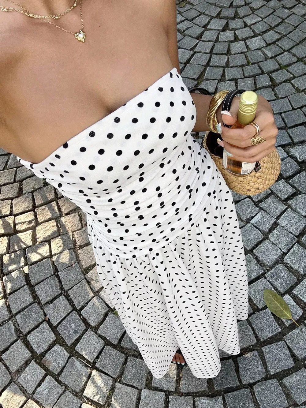 Polka Dot Ruched Strapless Maxi Dress, image 6