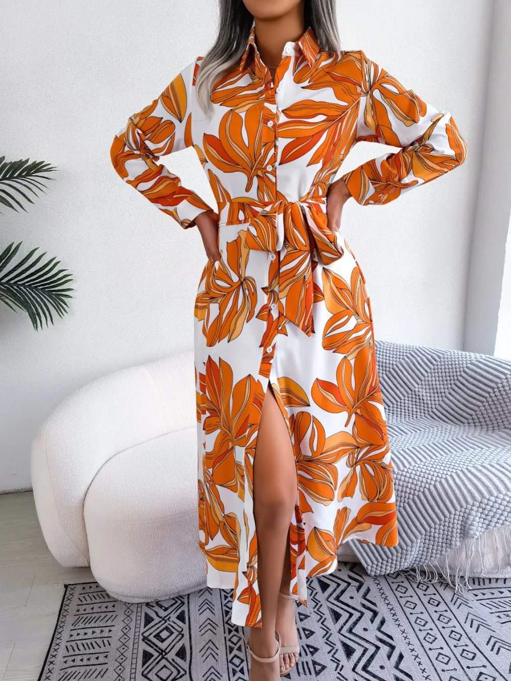 Tied Button Up Long Sleeve Dress, image 8