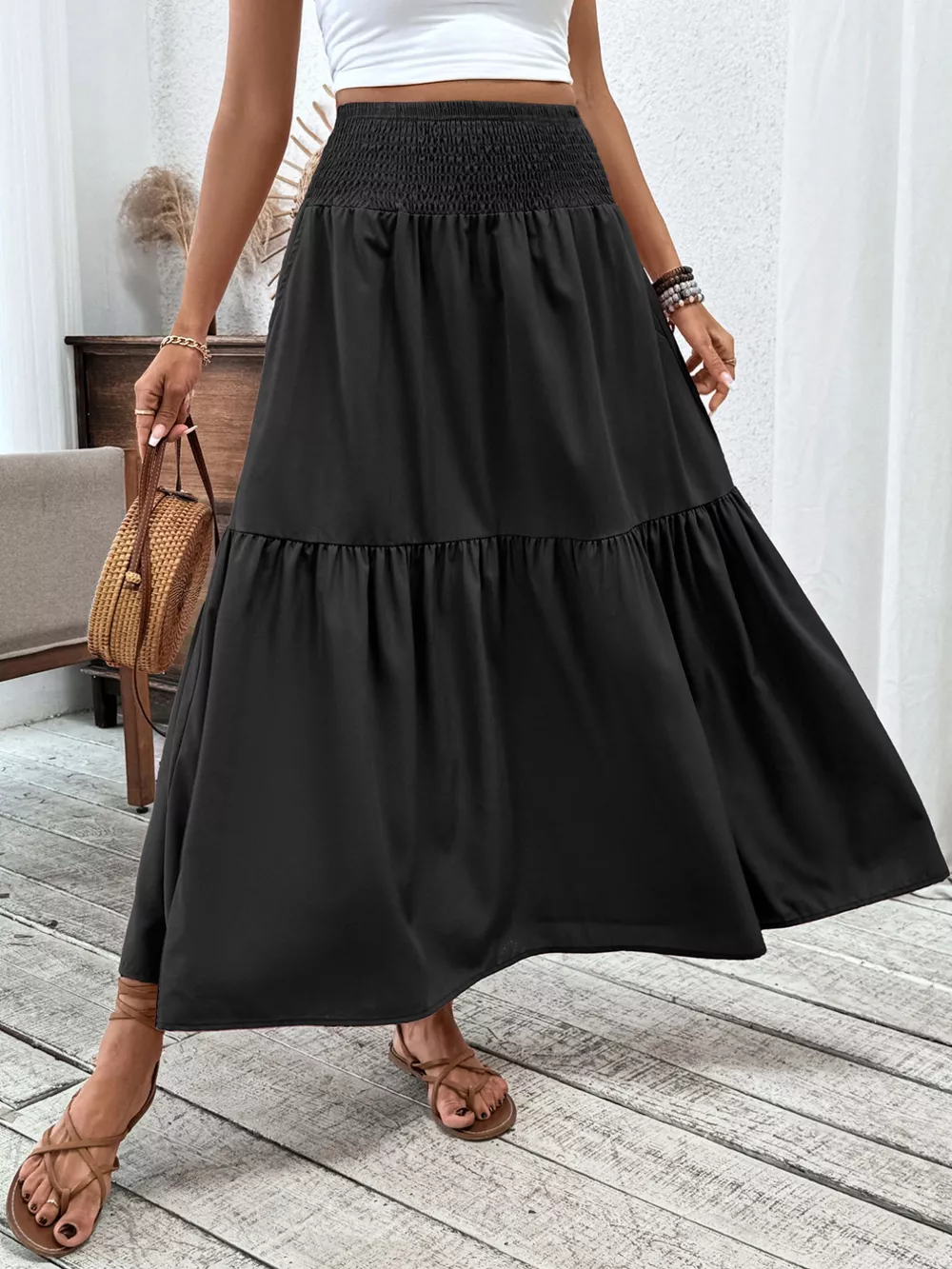 Smocked Waist Tiered Skirt, image 8