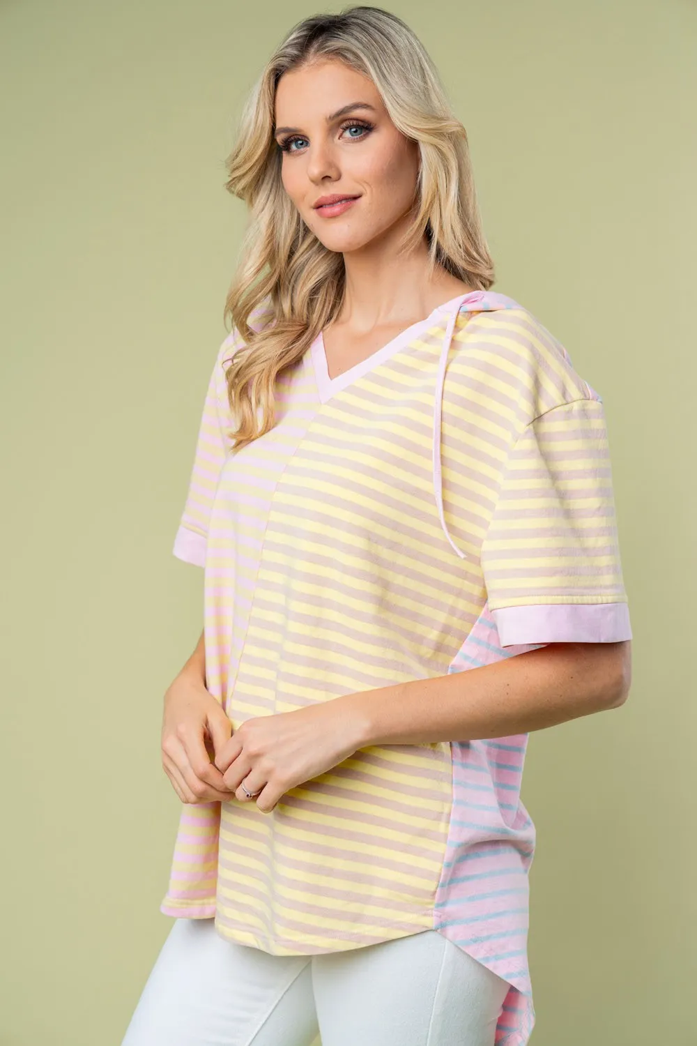 Full Size Striped Short Sleeve Drawstring Hooded Top, image 3