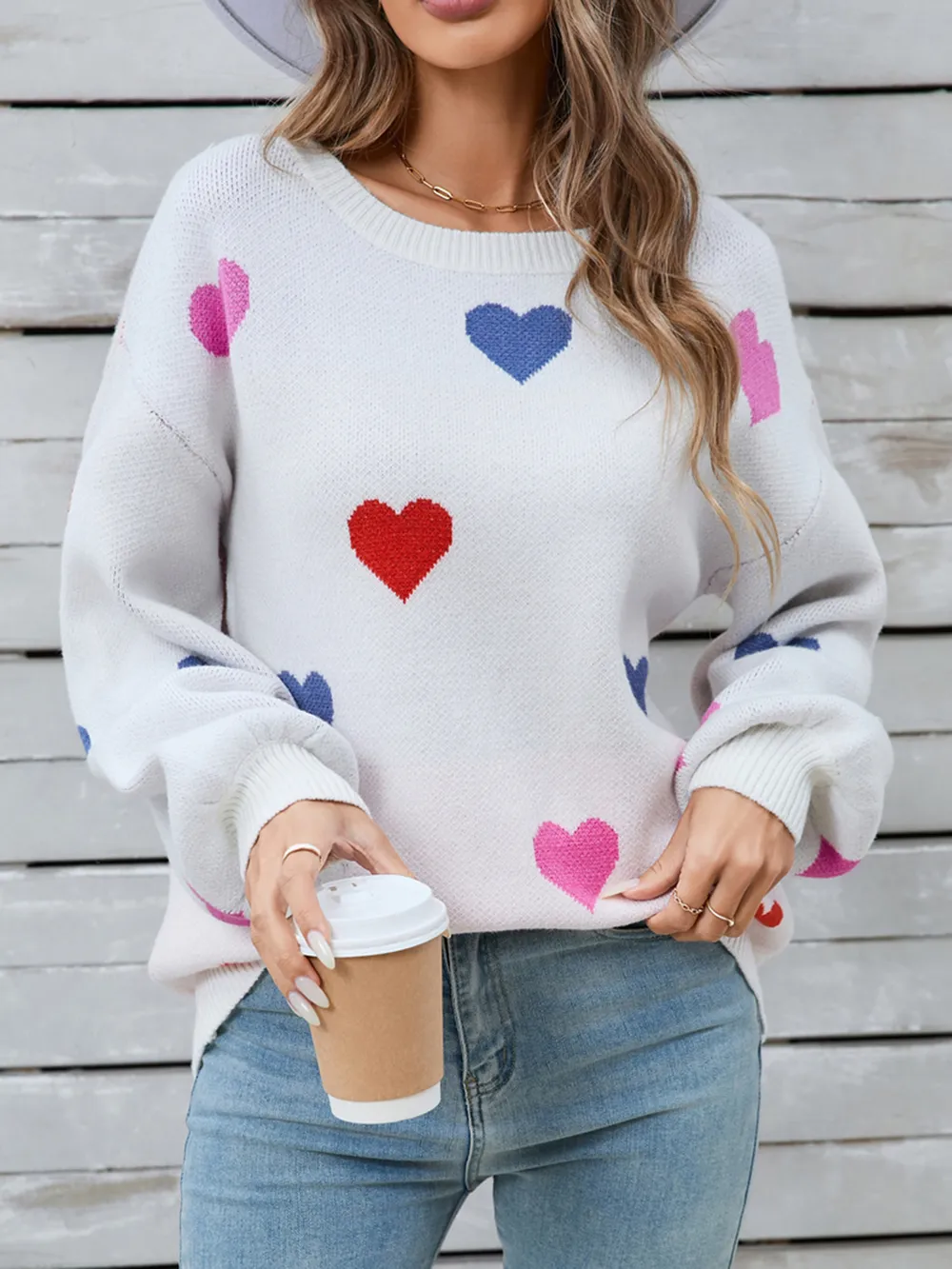 Heart Round Neck Long Sleeve Sweater, image 10