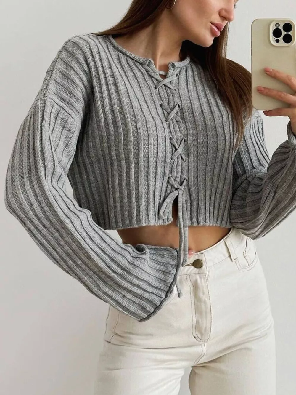 Ribbed Lace-Up Crop Sweater, image 6