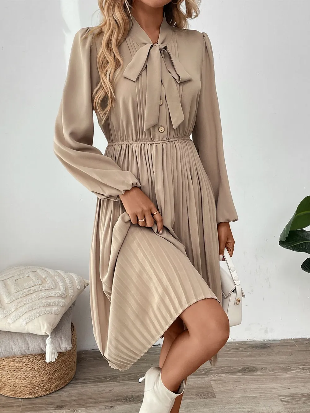 Pleated Tie Neck Long Sleeve Dress, image 4