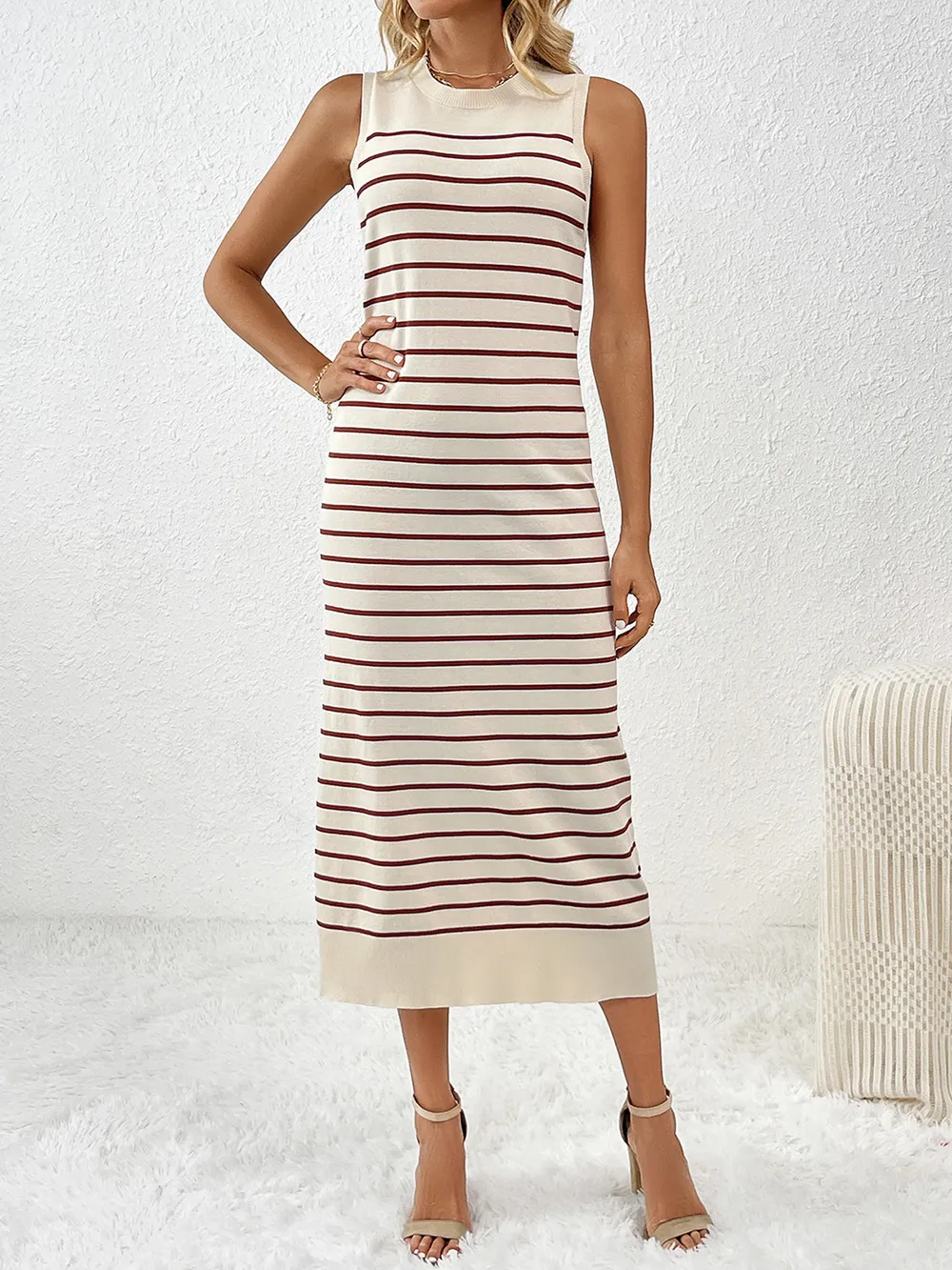 Round Neck Sleeve Midi Knit Dress, image 4