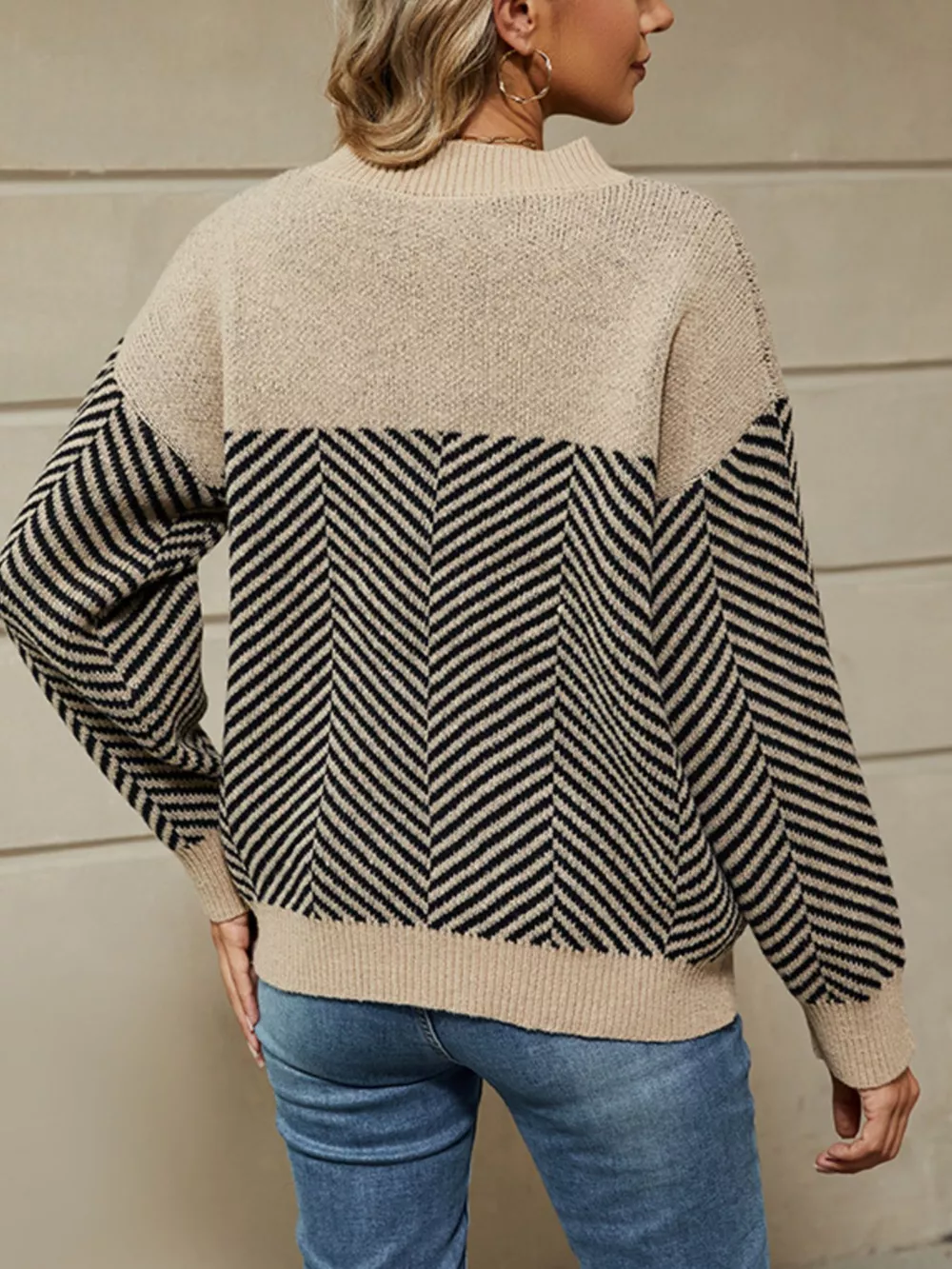 Color Block Chevron Pattern Dropped Shoulder Sweater, image 5