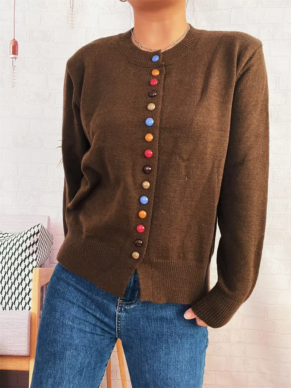 Button-Front Cardigan with Colorful Detail Buttons, image 17