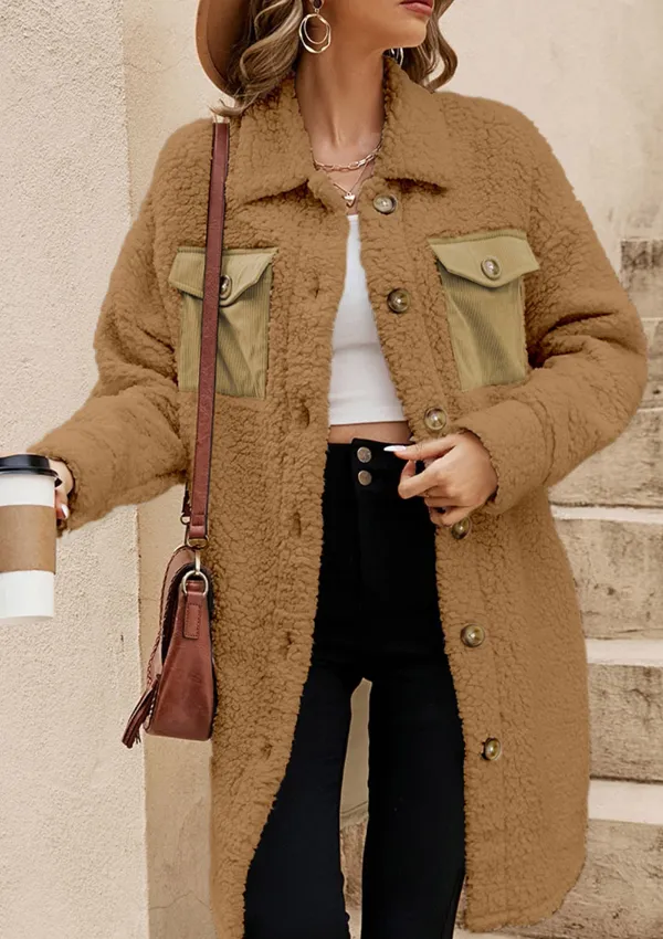 Collared Neck Long Sleeve Longline Teddy Jacket, image 13