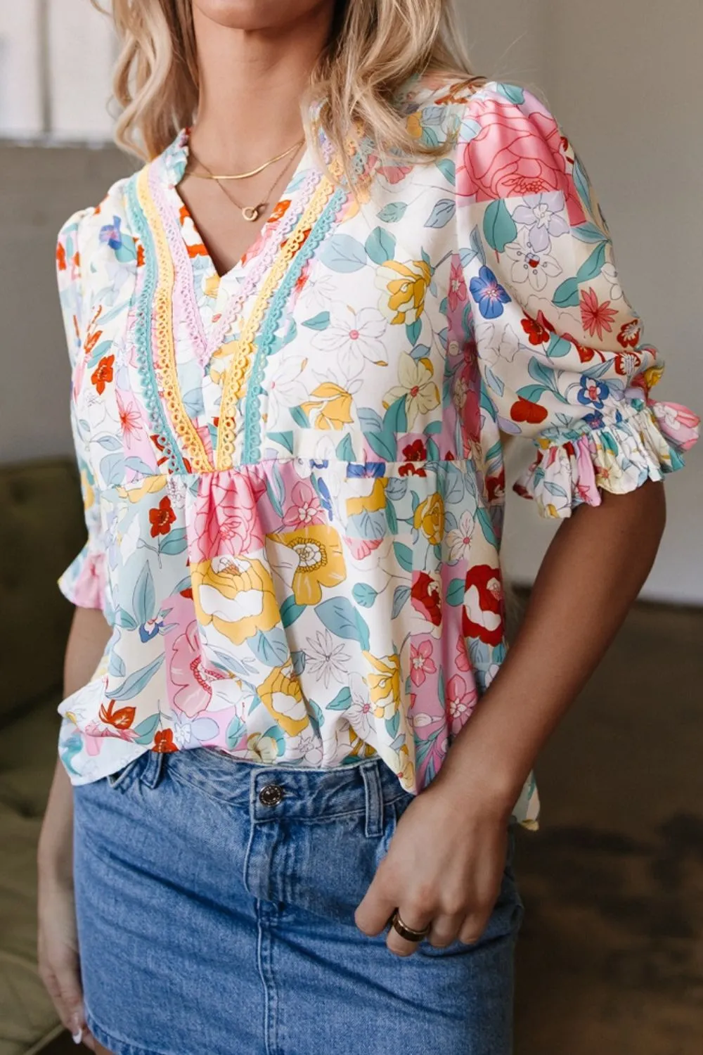 Boho Flower Print Half Puff Sleeve Blouse, image 4