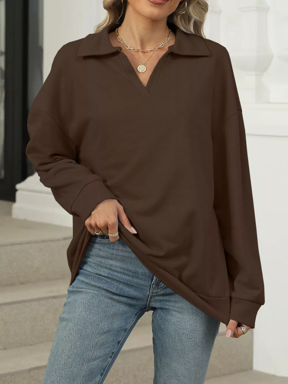 Johnny Collar Drop Shoulder Long Sleeve Sweatshirt, image 15