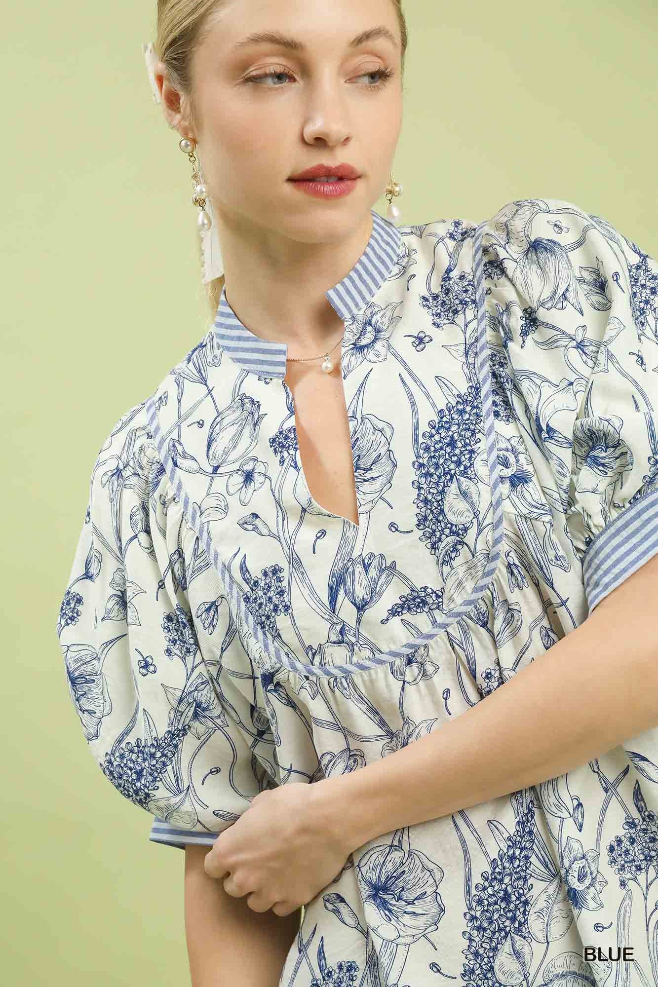 Mixed Print Puff Sleeve Split Neck Top, image 5