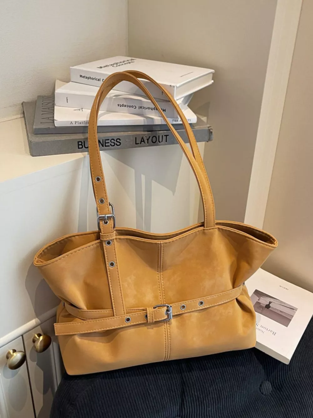 Washed Suede Buckle Detail Tote Bag, image 5