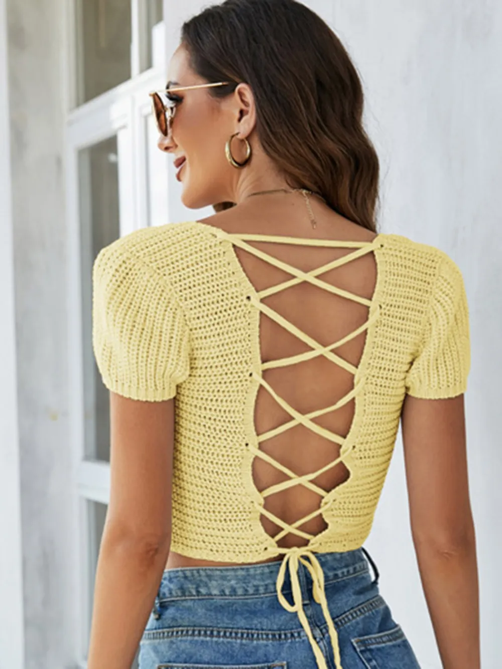 Lace-Up Openwork Square Neck Sweater, image 9