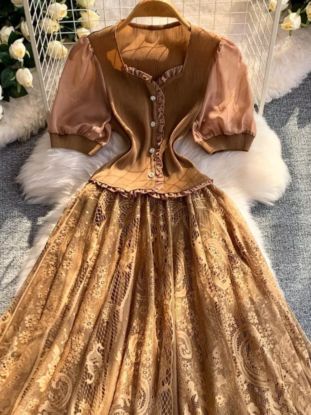 Lace Panel Puff Sleeve Dress, image 11