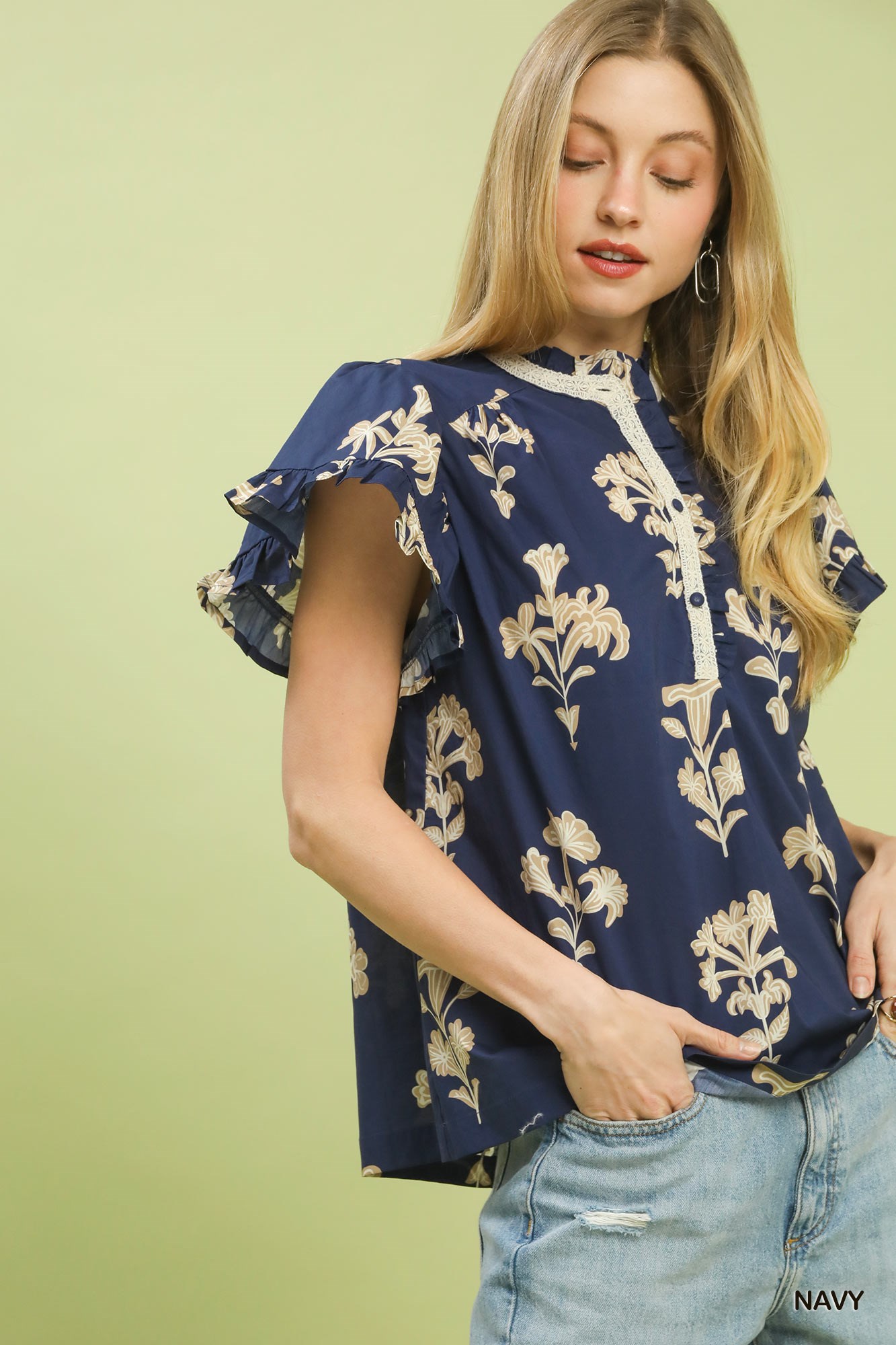 Floral Ruffle Sleeve Split-Neck Top, image 3