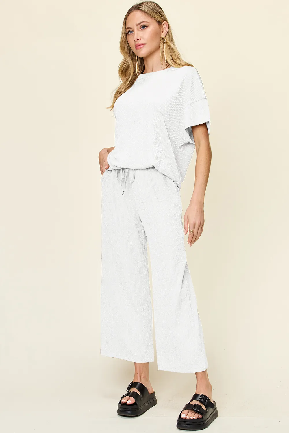Full Size Texture Round Neck Short Sleeve T-Shirt and Wide Leg Pants, image 14