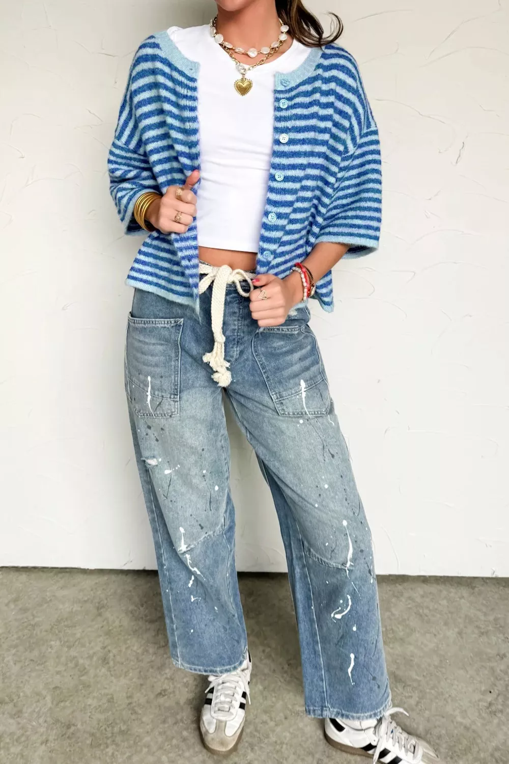 Stripe Loose Half Sleeve Knit Button Down Sweater Cardigan, image 3
