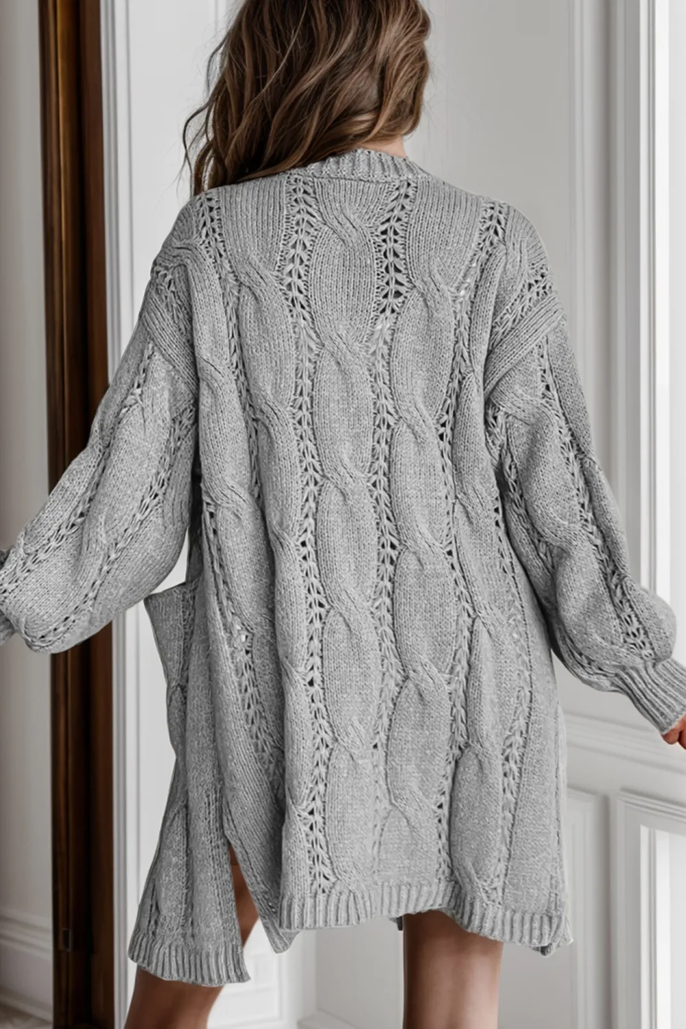 Cable-Knit Dropped Shoulder Slit Cardigan, image 21