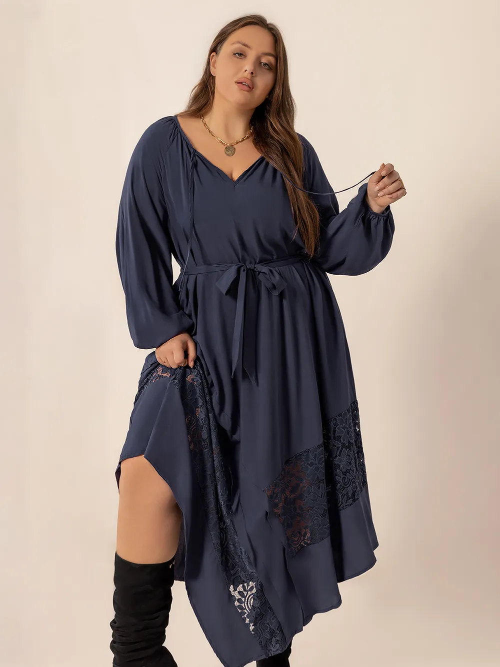Plus Size Lace Detail Tie Neck Long Sleeve Midi Dress, image 3