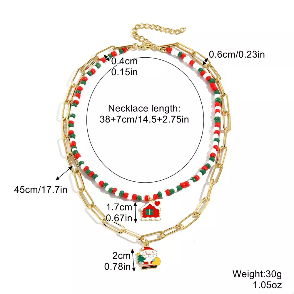 Christmas Double-Layer Necklace with Colorful Beads and Pendant, image 4