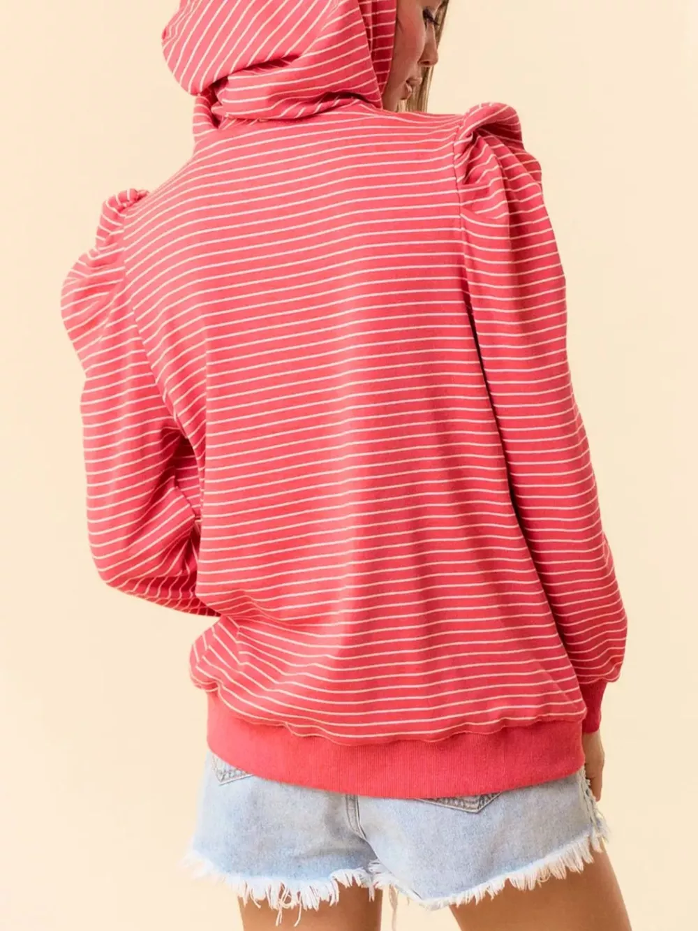 Striped Puff Sleeve Hoodie with Drawstring, image 4