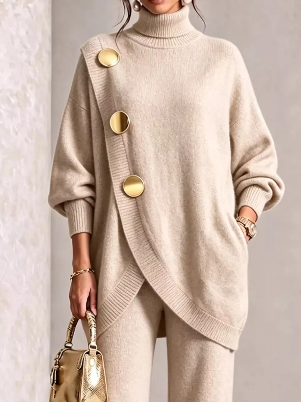 Gold Button Accent Turtleneck Sweater and Pants Set, image 8