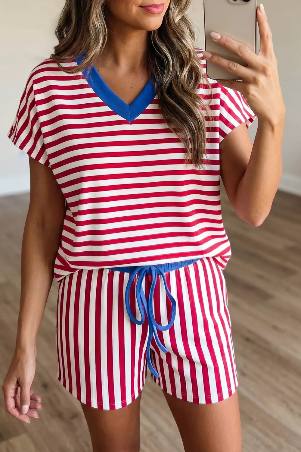Stripe Colorblock Trim V Neck Tee Drawstring Elastic Waist Shorts Set