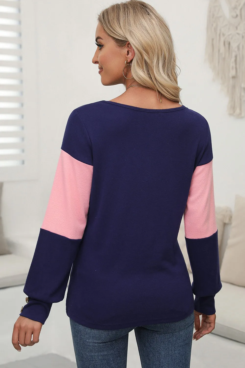 Color Block V-Neck Long Sleeve Top, image 7