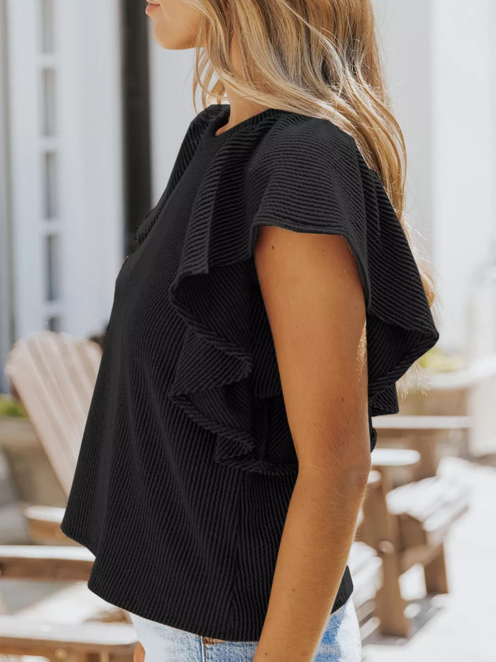 Full Size Ruffled Sleeve Ribbed Knit T-Shirt Plus Size, image 12