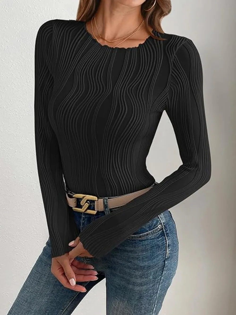 Textured Round Neck Long Sleeve Top, image 18