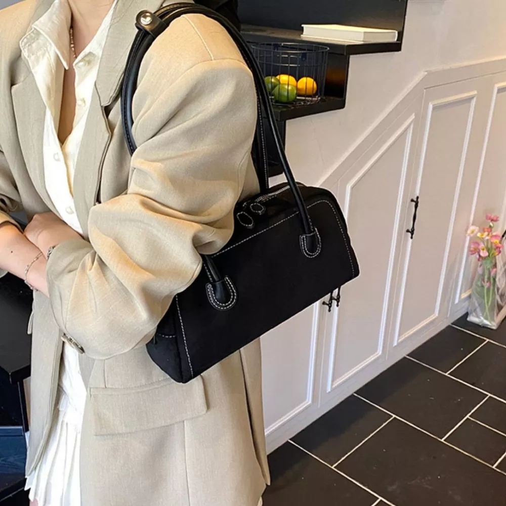Velvet Shoulder Bag with Leather Strap, image 2